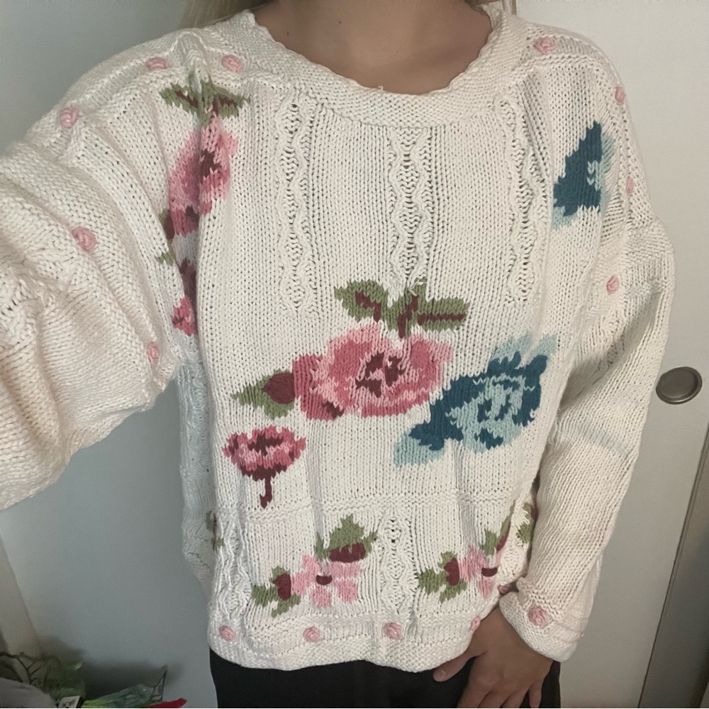 Vintage Floral Chunky Knit Sweater